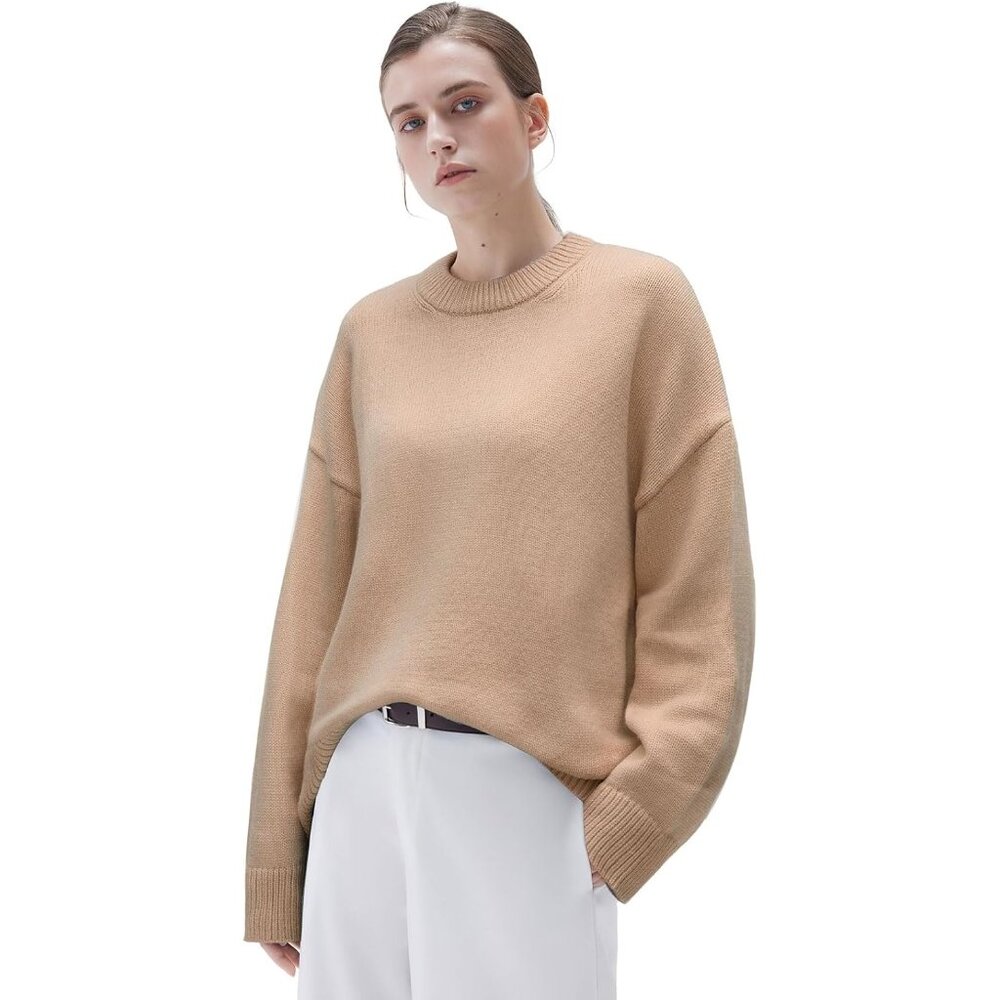 Women Cashmere Blend Oversized Crew Neck Umber Brown Soft Warm Pullover Sweater